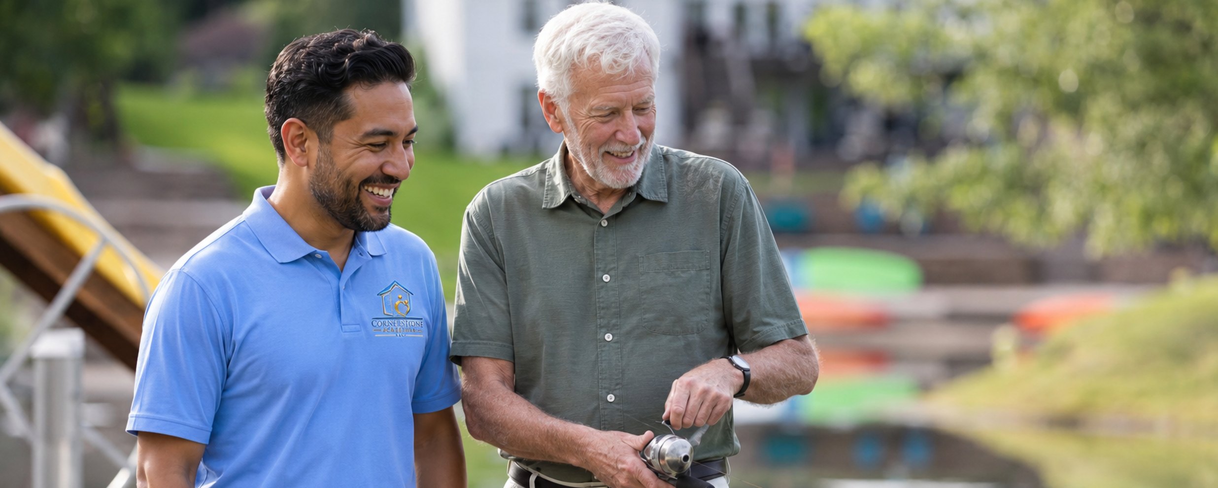 A Cornerstone Caregivers caregiver walking by the water with a senior client holding a fishing rod