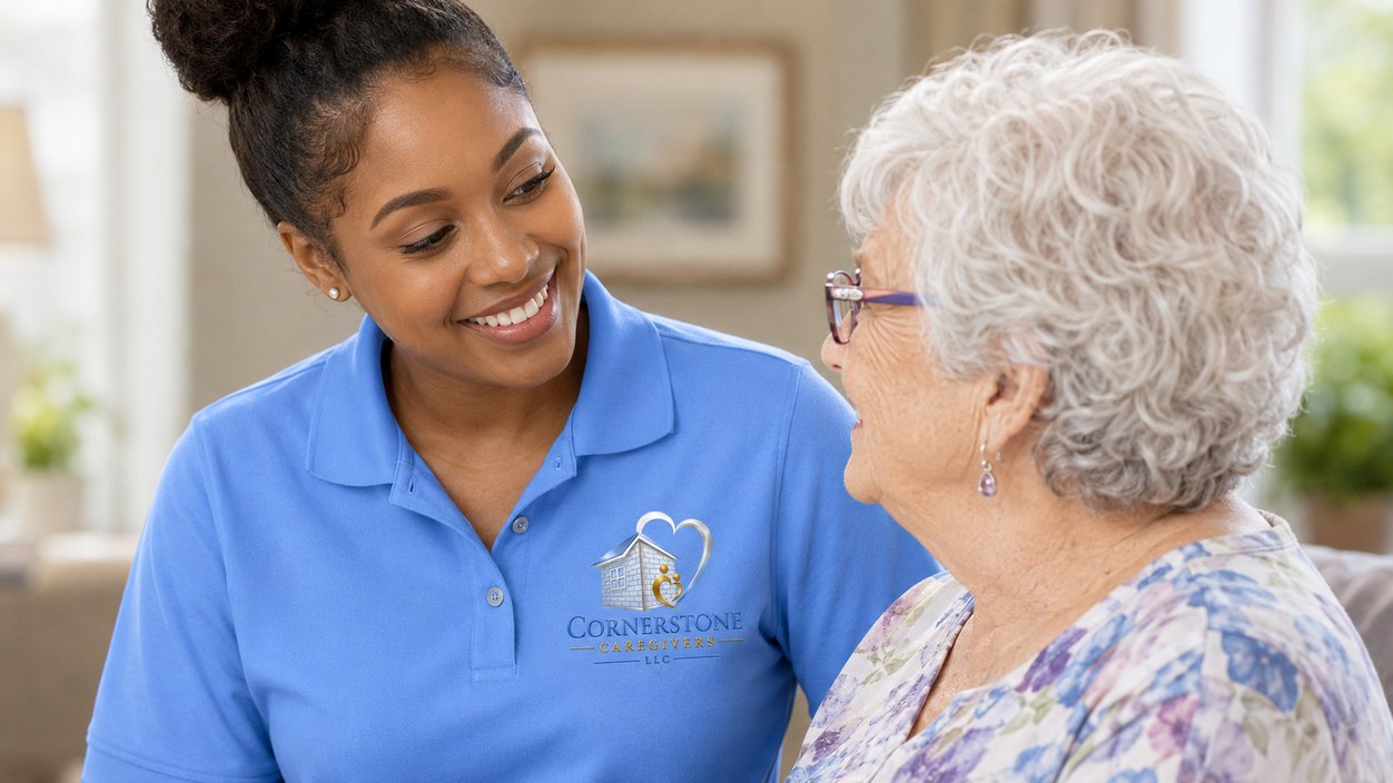 A caregiver standing with a senior client in her living room